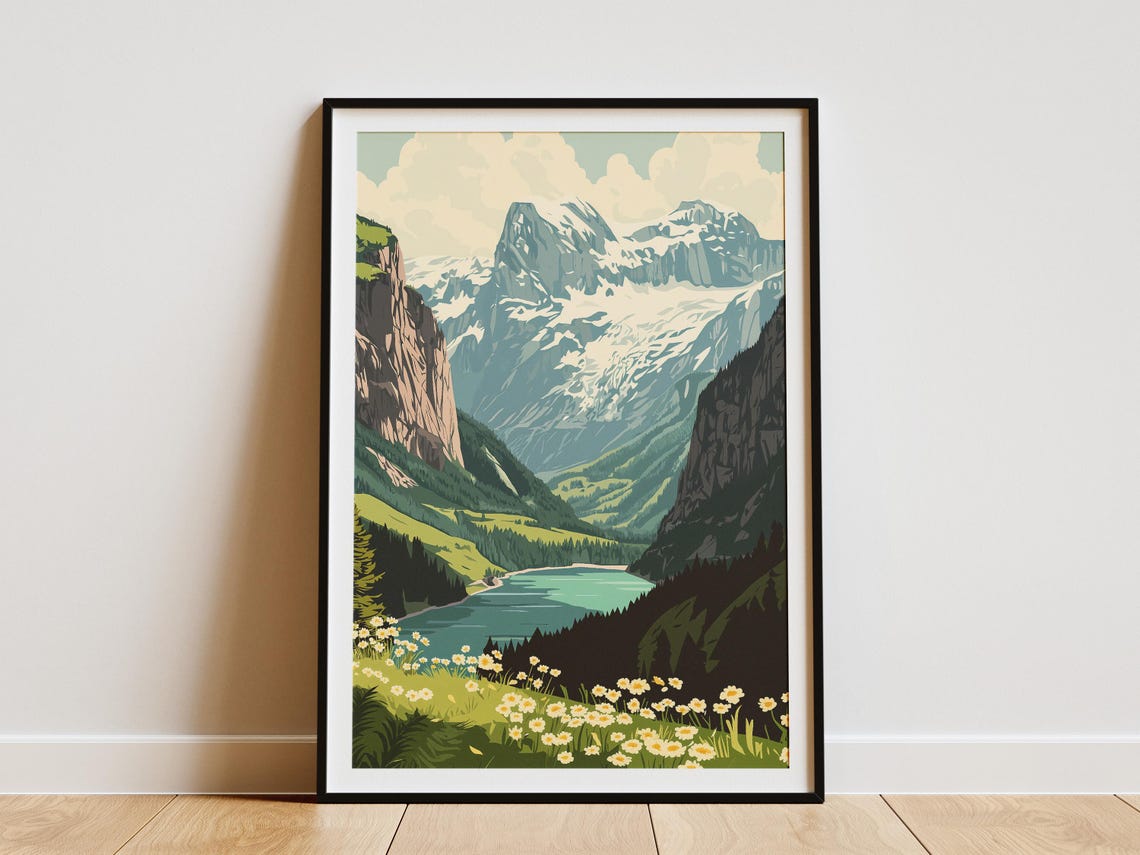 Snow Capped Alpine Peak Above A Turquoise Lake Travel Poster