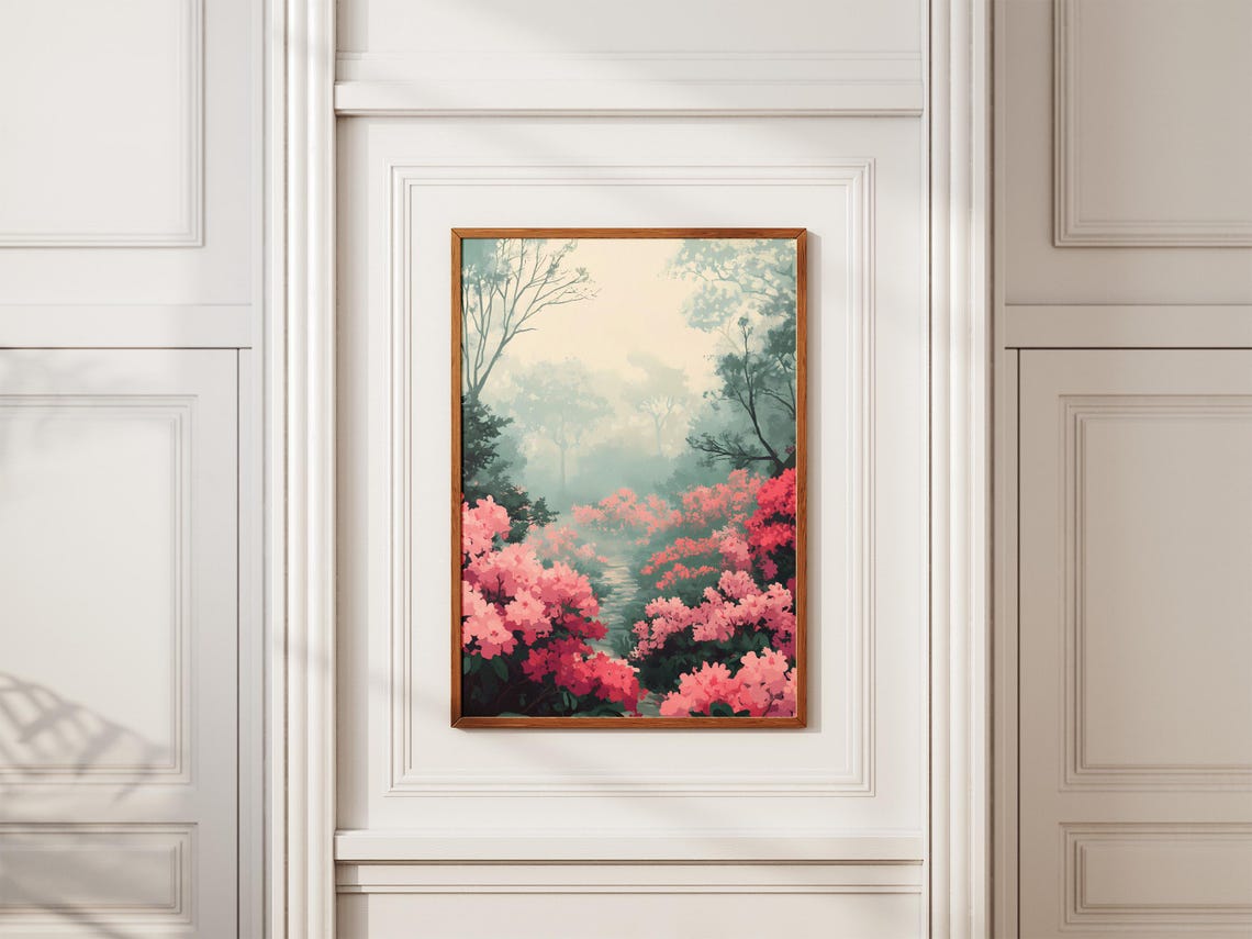 Blooming Pink Azaleas Along a Misty Forest Path Poster in Spring - Image 2