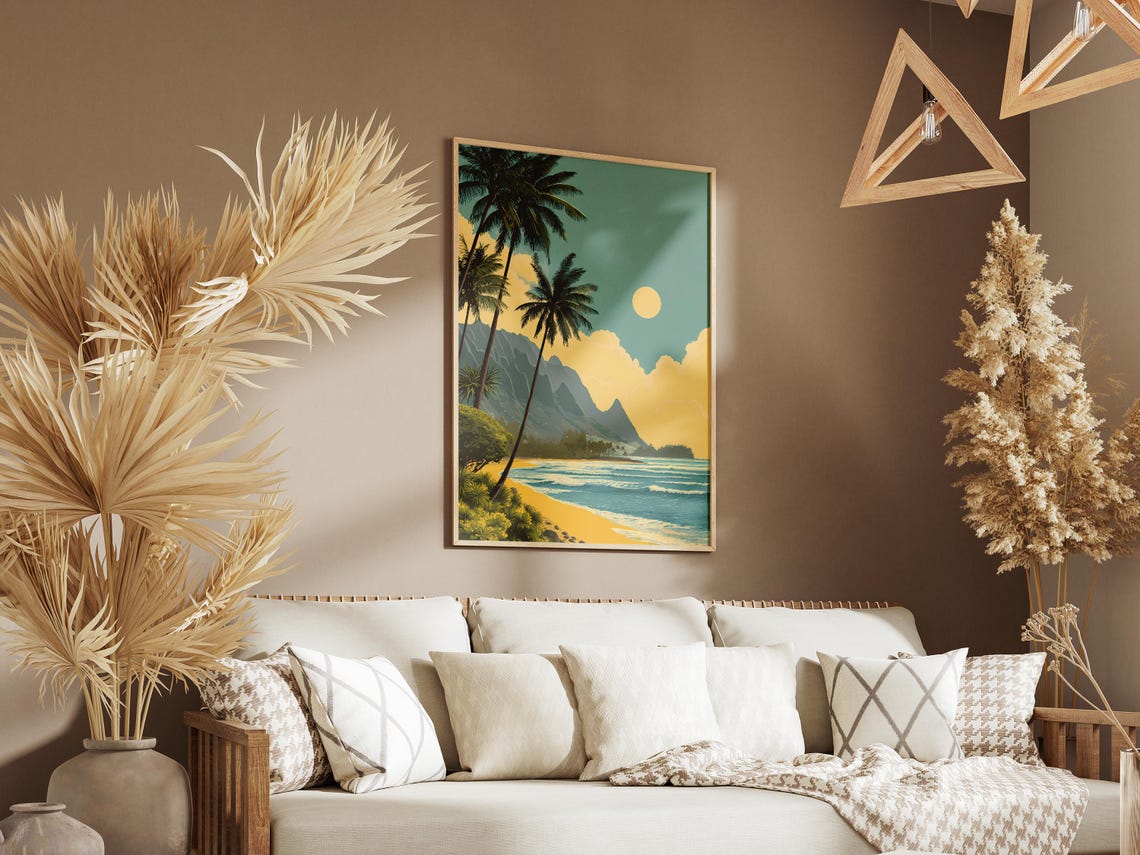 Retro Hawaiian Beach Travel Poster Palm Trees Sun And Mountains - Image 3