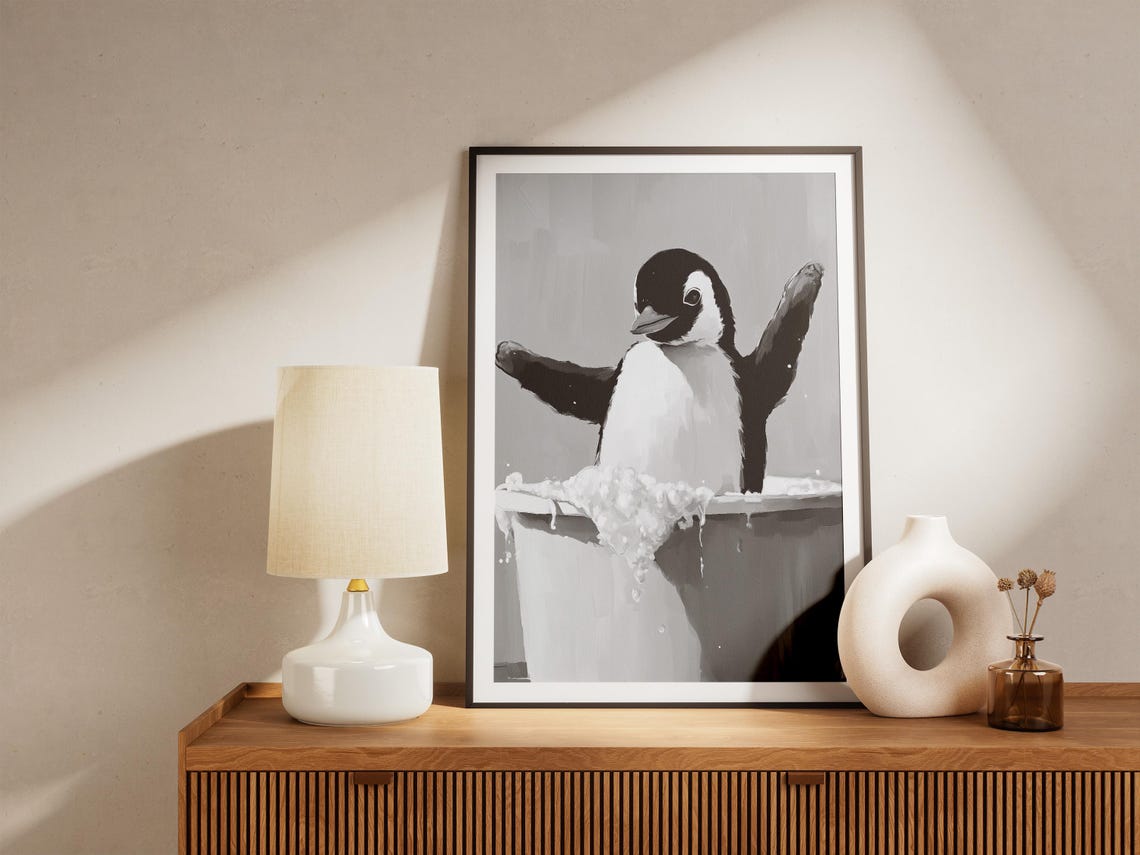 Penguin In Bathtub Poster Bubble Bath Funny Animal Bathroom Decor - Image 4