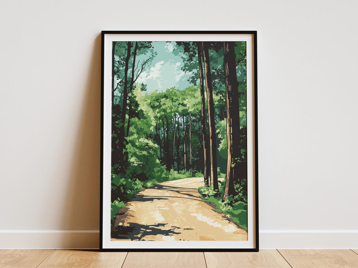 Dirt Road Through a Tall Green Forest Landscape Nature Poster