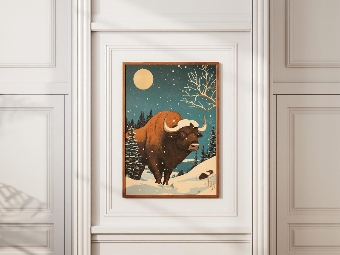 Christmas Buffalo in Snowy Moonlit Forest Winter Holiday Poster - Image 2