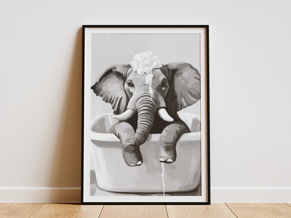 Elephant Bathtub Poster Bubble Bath Animal Print Whimsical Bathroom Wall Art Funny Modern Minimalist Decor