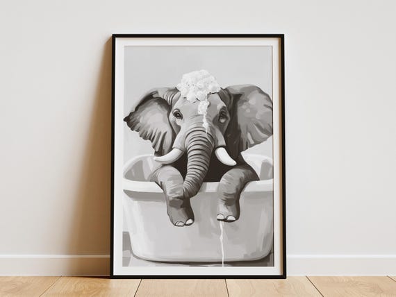 Elephant Bathtub Poster Bubble Bath Animal Print Whimsical Bathroom Wall Art Funny Modern Minimalist Decor