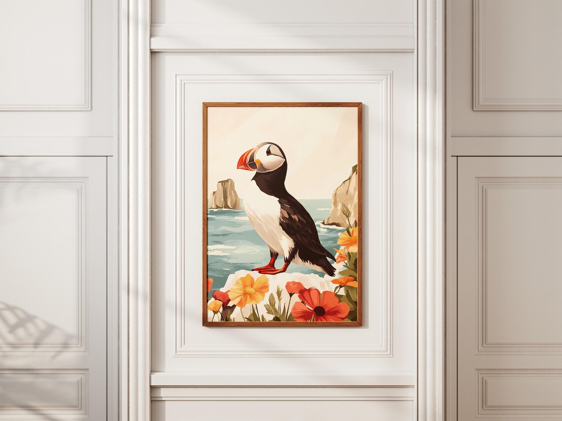 Puffin Portrait on a Flowering Cliff by the Sea Shore Art Poster - Image 2