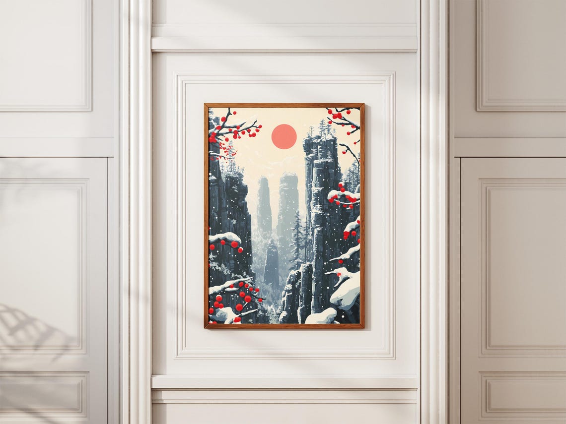 Zhangjiajie Snowy Stone Pillars Red Berries Winter Travel Poster - Image 2