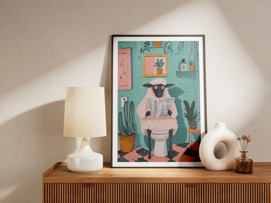 Sheep Reading Newspaper on Toilet Teal Tile Bathroom Fun Poster - Image 5