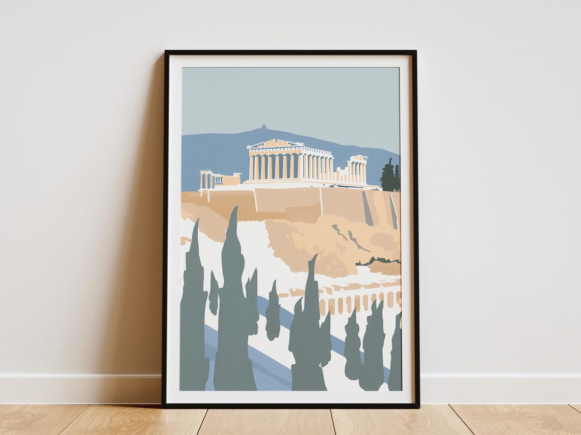 Athens Acropolis with Cypress Trees Under a Soft Blue Sky Poster