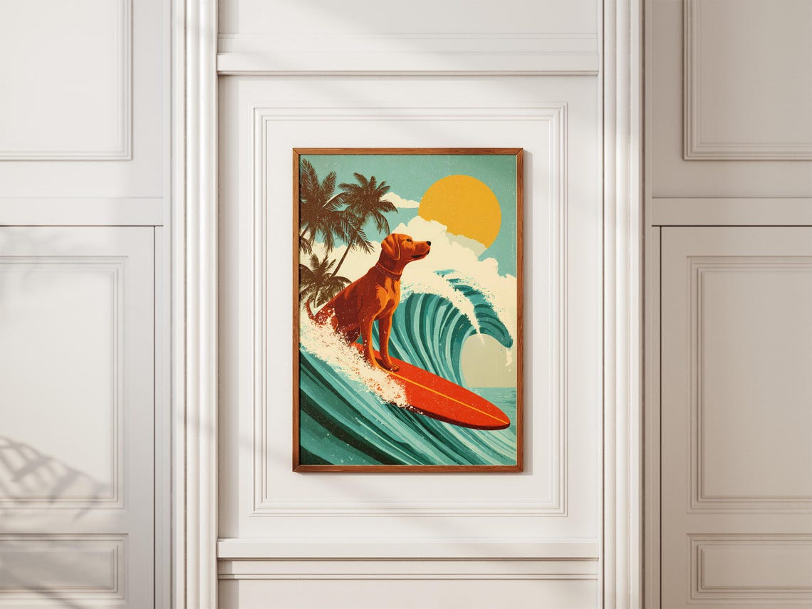 Surfing Dog Riding Wave Retro Beach Art Funny Canine Surf Poster - Image 2