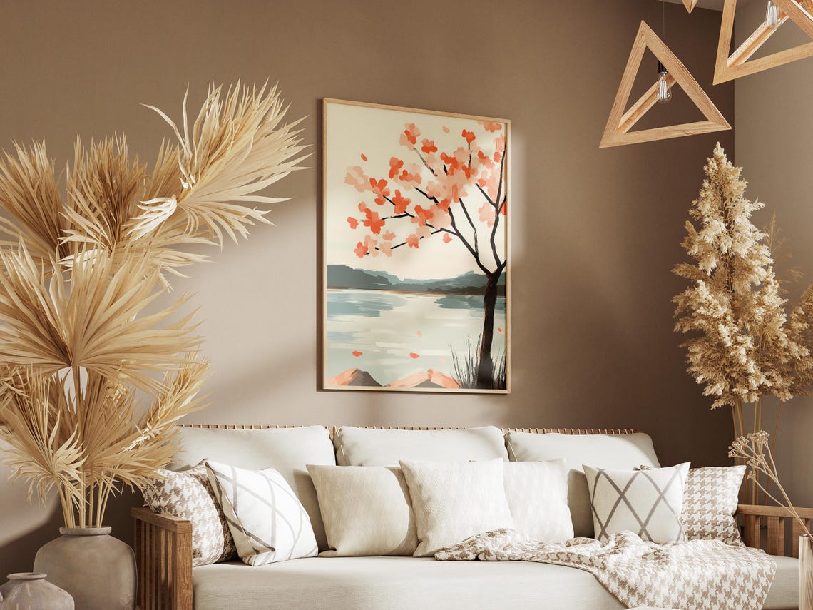 Cherry Blossom Tree by a Calm River with Falling Petals Poster - Image 3