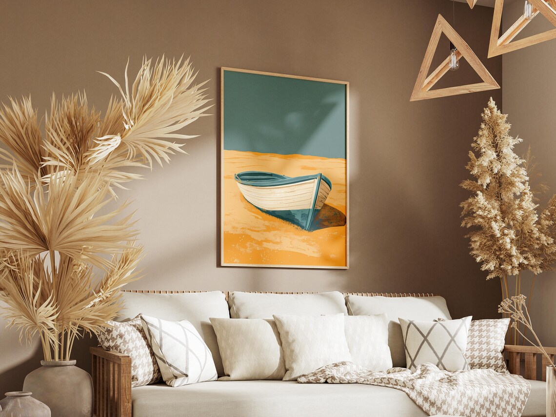 White Rowboat On Golden Sand Beach Minimalist Nautical Poster - Image 3