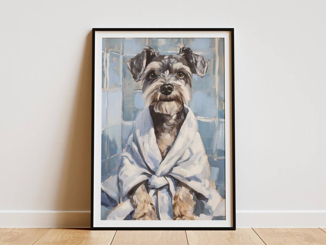 Miniature Schnauzer In White Towel Poster Cute Dog Bathroom Home Art