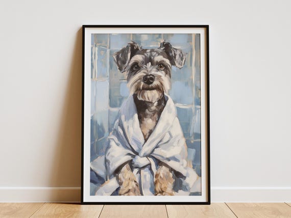 Miniature Schnauzer Puppy In Bathrobe Art Print Dog Lover Gift Cute Animal Wall Decor Nursery Pet Portrait Poster Robe