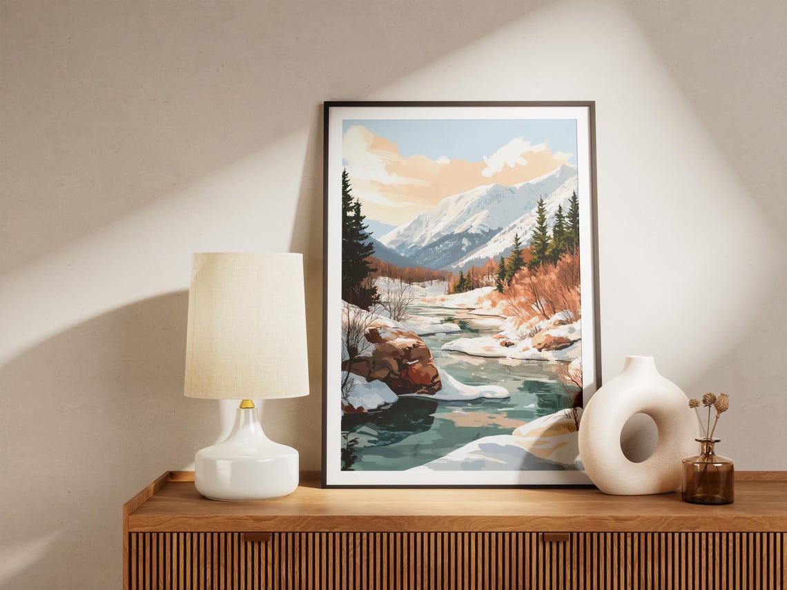 Snowy Mountain River Flowing Through a Winter Valley Landscape Poster - Image 5