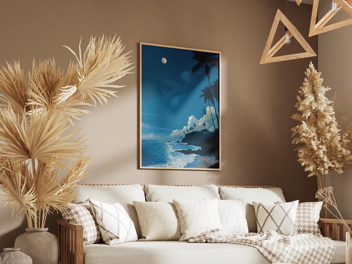 Moonlit Tropical Beach Night Palm Trees Ocean Waves Serene Poster - Image 3