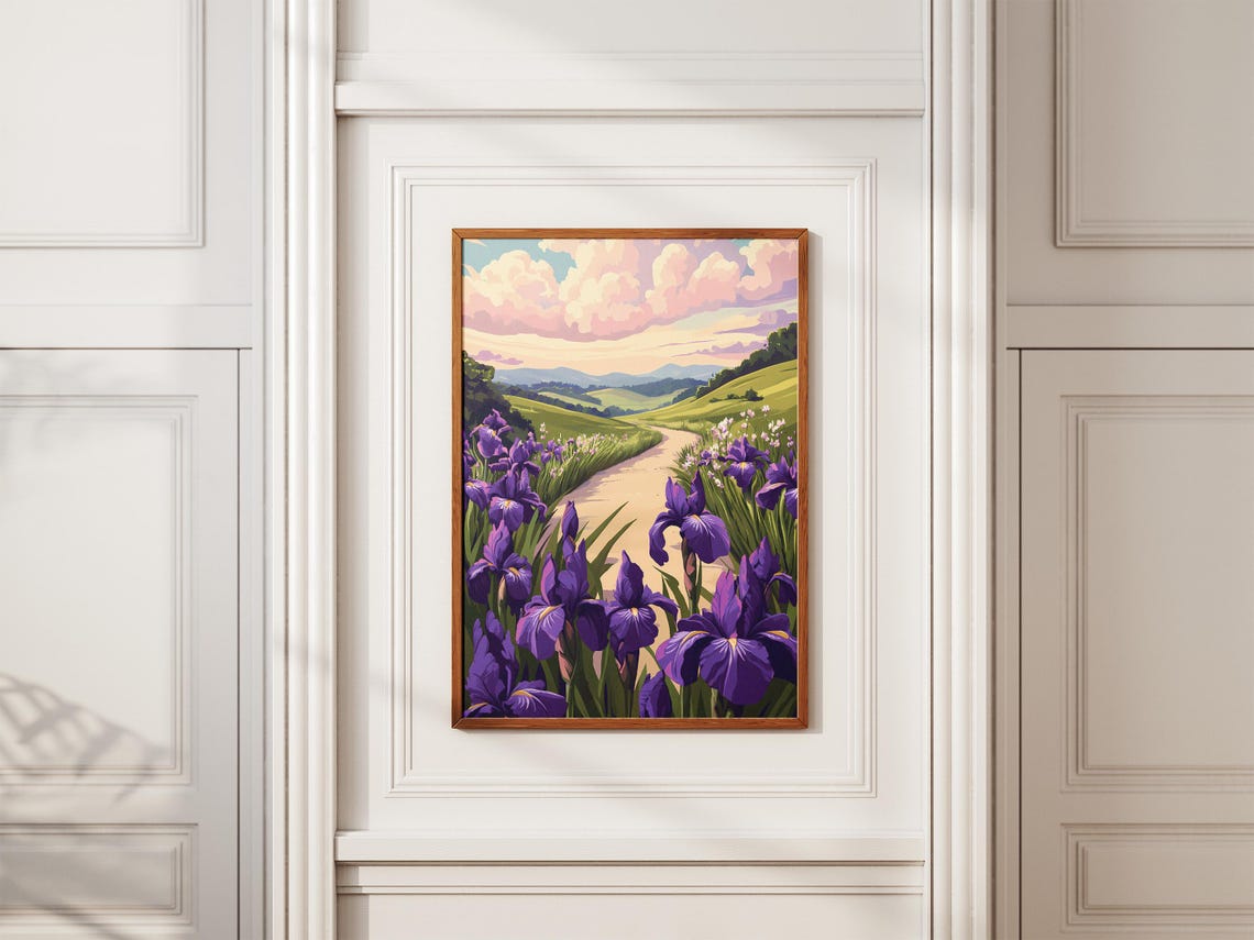 Purple Irises Lining a Country Road Through Green Hills Poster - Image 2