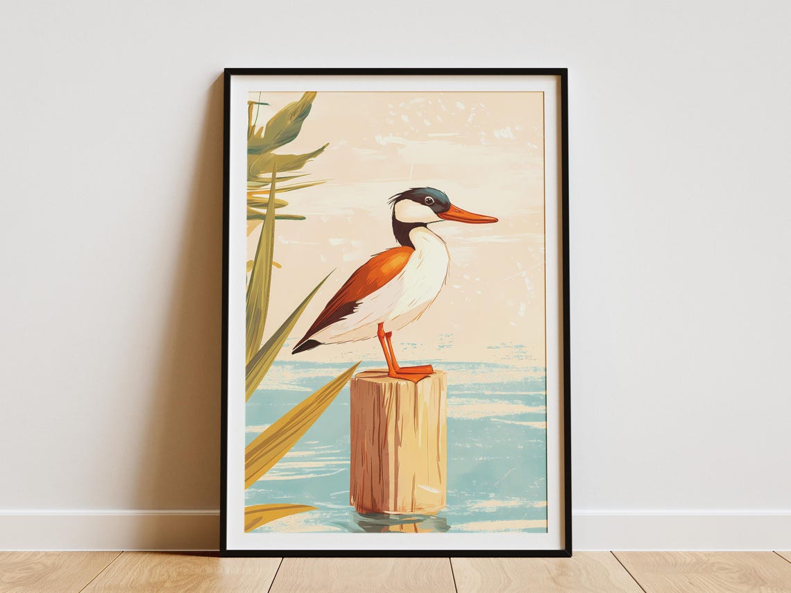 Hooded Merganser on a Piling in a Calm Bay Duck Illustration Poster