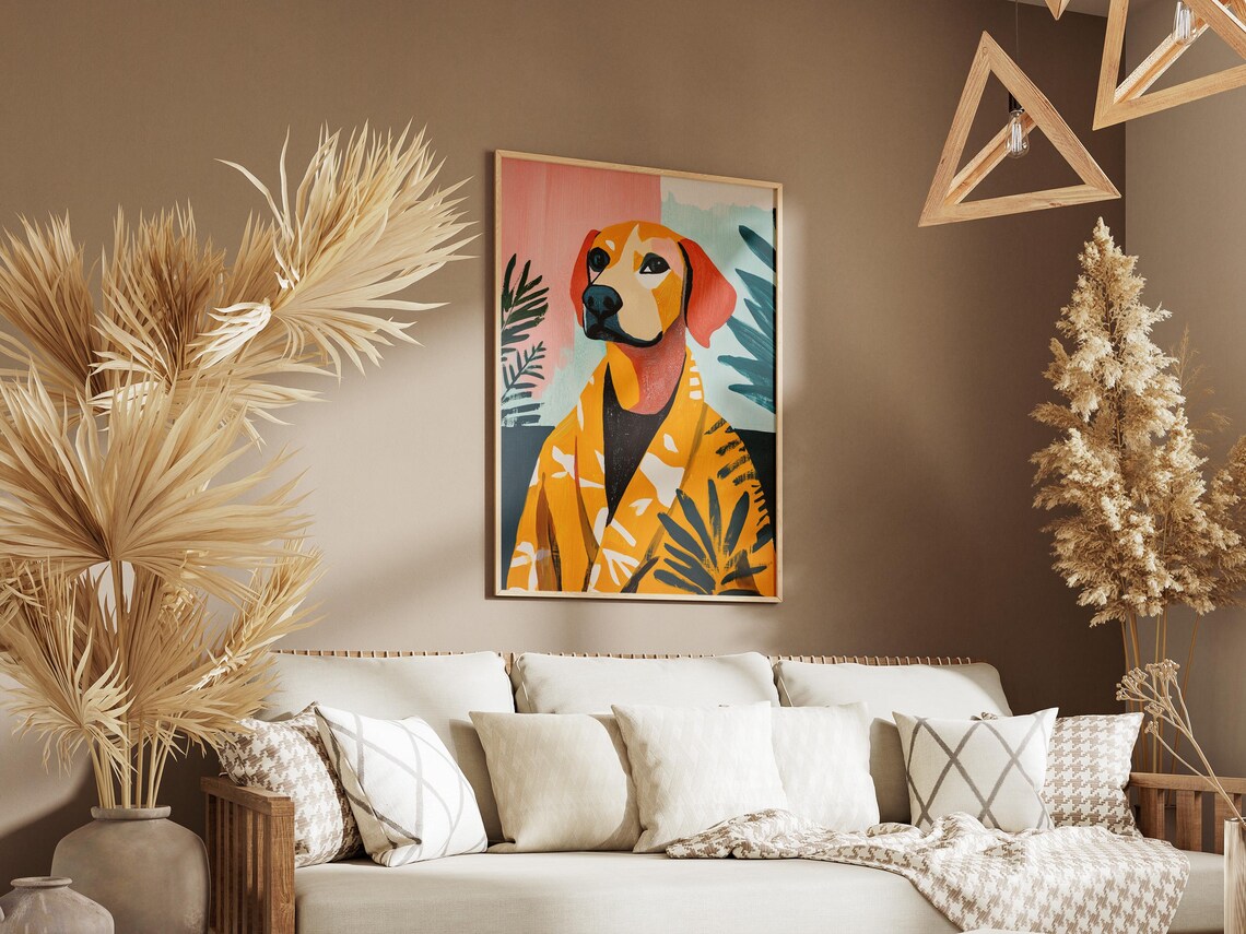 Tan Dog in Yellow Floral Robe Tropical Bathroom Funny Dog Poster - Image 3