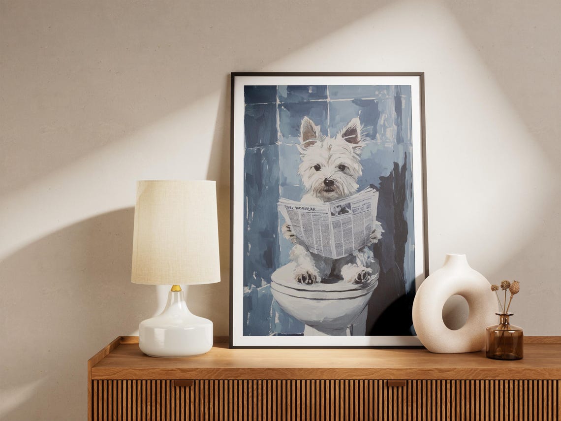 West Highland Terrier Toilet Paper Newspaper Dog Print Funny Pet Wall Art Bathroom Decor Whimsical Dog Painting Modern Dog Poster Cute Puppy - Image 5
