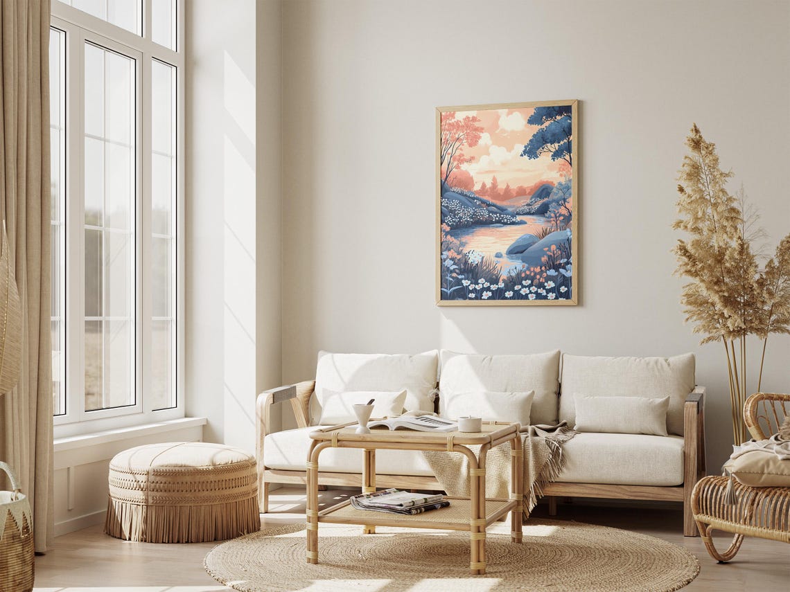 Sunrise River Valley Blue Peach Blossoms Scenic Landscape Poster - Image 4