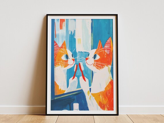 Orange Cat Brushing Teeth at Mirror Blue Bathroom Funny Cat Poster