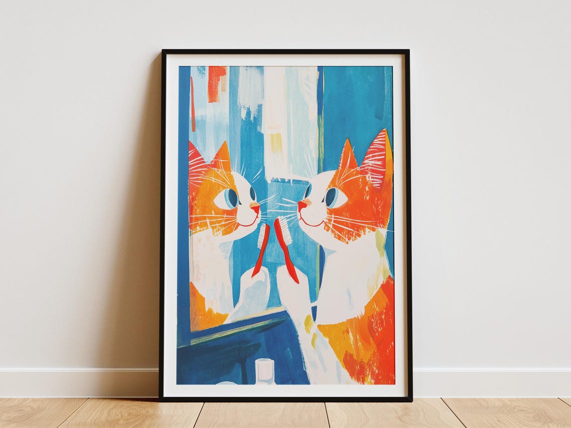 Orange Cat Brushing Teeth at Mirror Blue Bathroom Funny Cat Poster