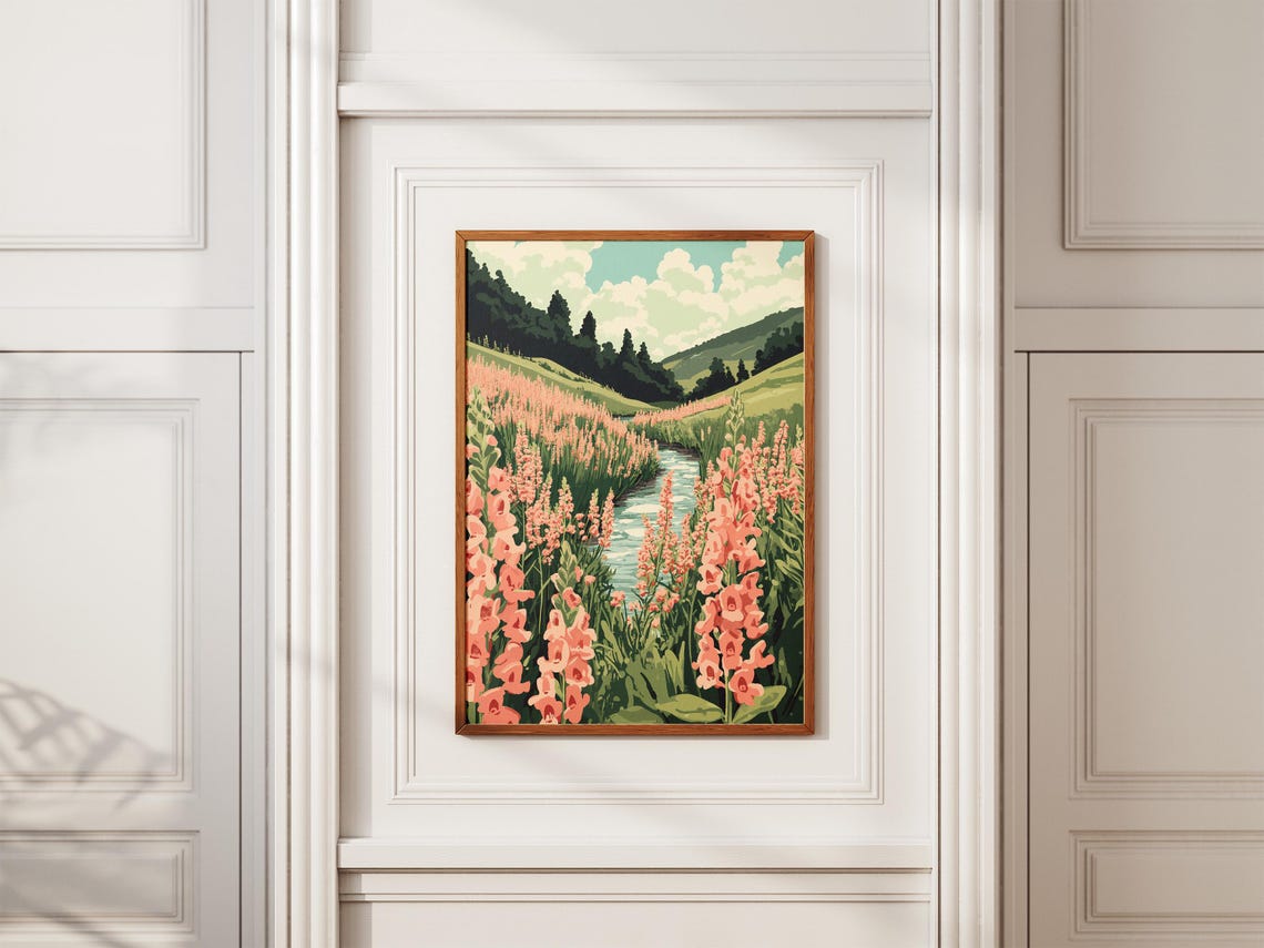 Pink Snapdragon Flowers Beside a Stream in Green Valley Art Poster - Image 2