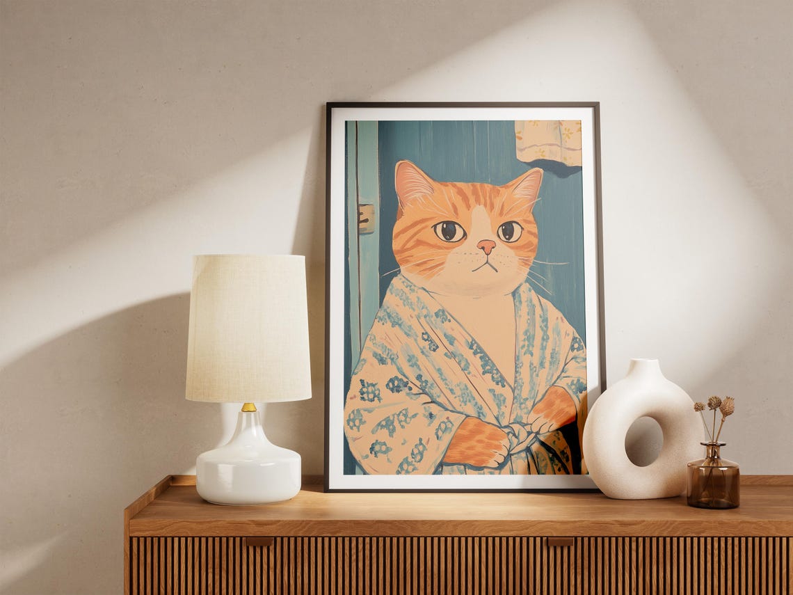 Funny Grumpy Orange Cat in Floral Bathrobe Vintage Style Poster - Image 4