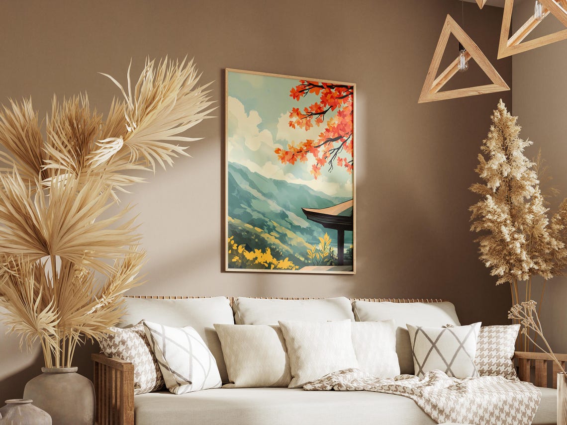Japanese Pagoda Roof With Red Maple Over Mountain Valley Poster - Image 3
