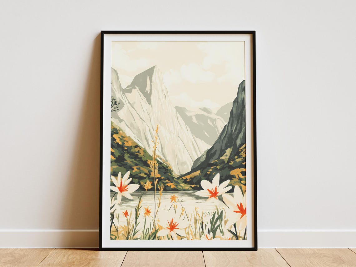 White Granite Peak Wildflower Meadow Lake Landscape Scenic Poster