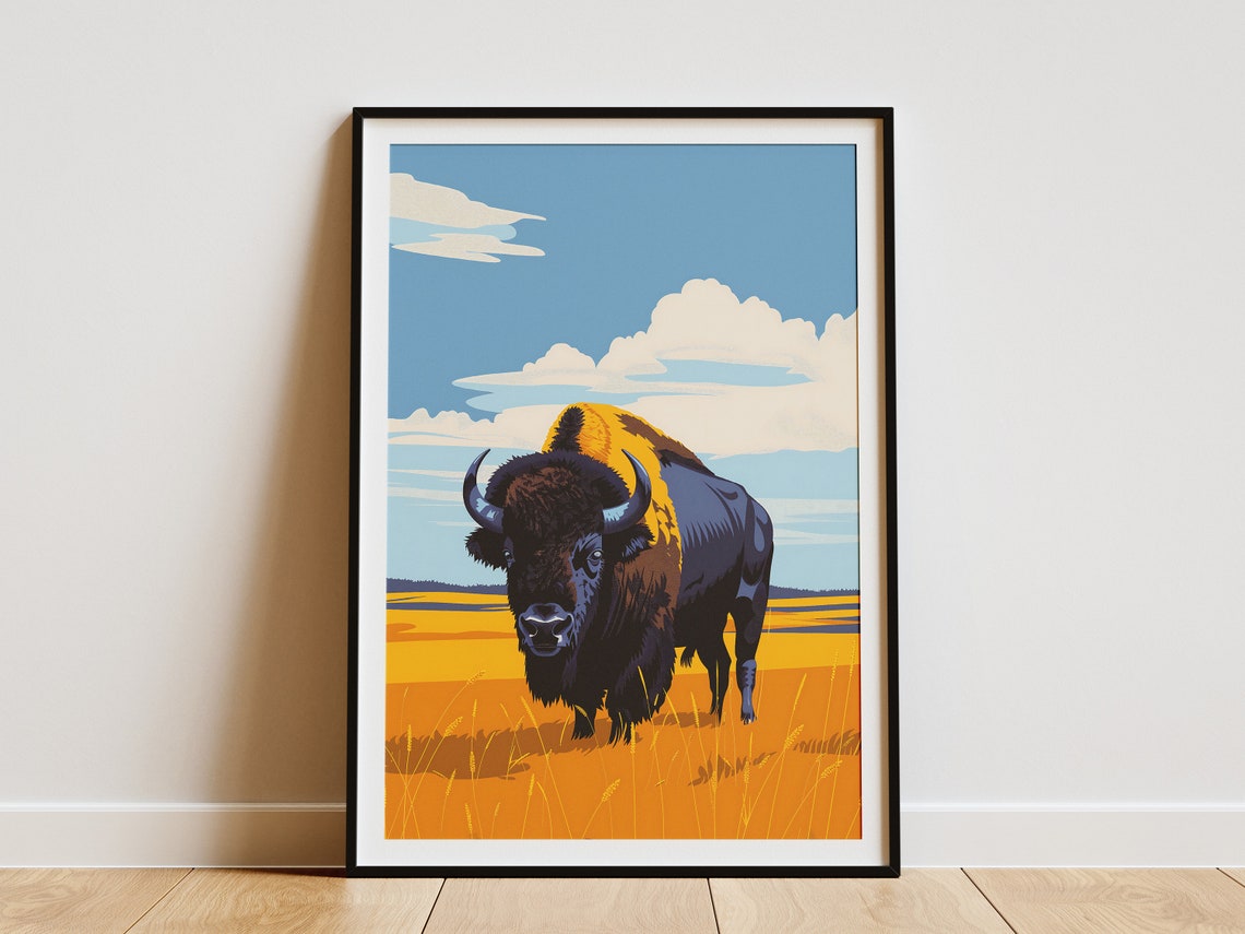 Iowa Bison Prairie Sunset Golden Field Vintage Animal Poster