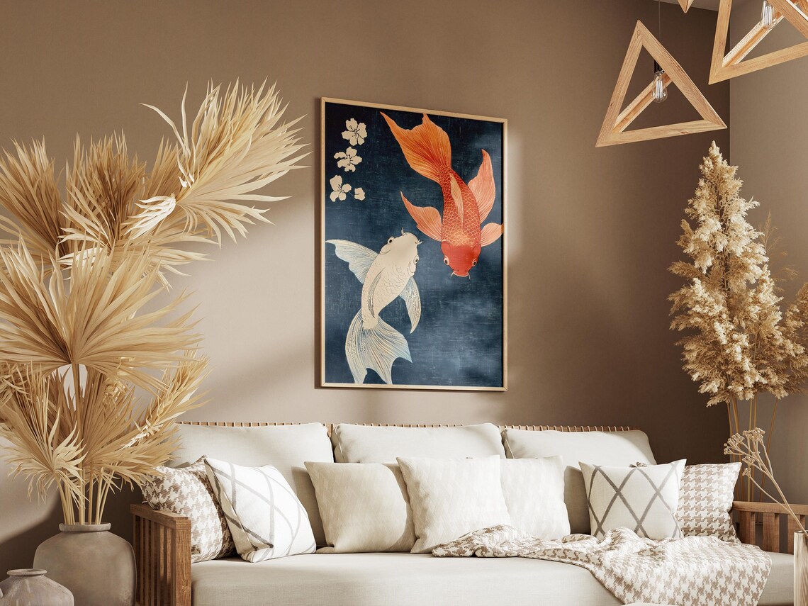 Red And White Koi Fish Indigo Blue Japanese Woodblock Poster - Image 3