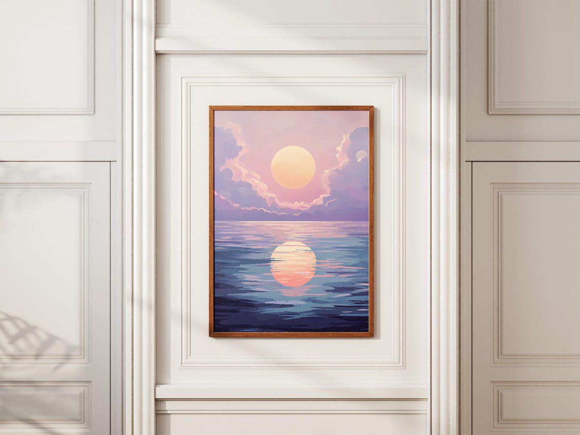 Pastel Purple Sunset Over Ocean With Sun Reflection Artwork Poster - Image 2