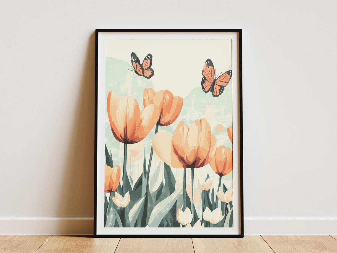Peach Tulips With Monarch Butterflies On Mint Background Poster