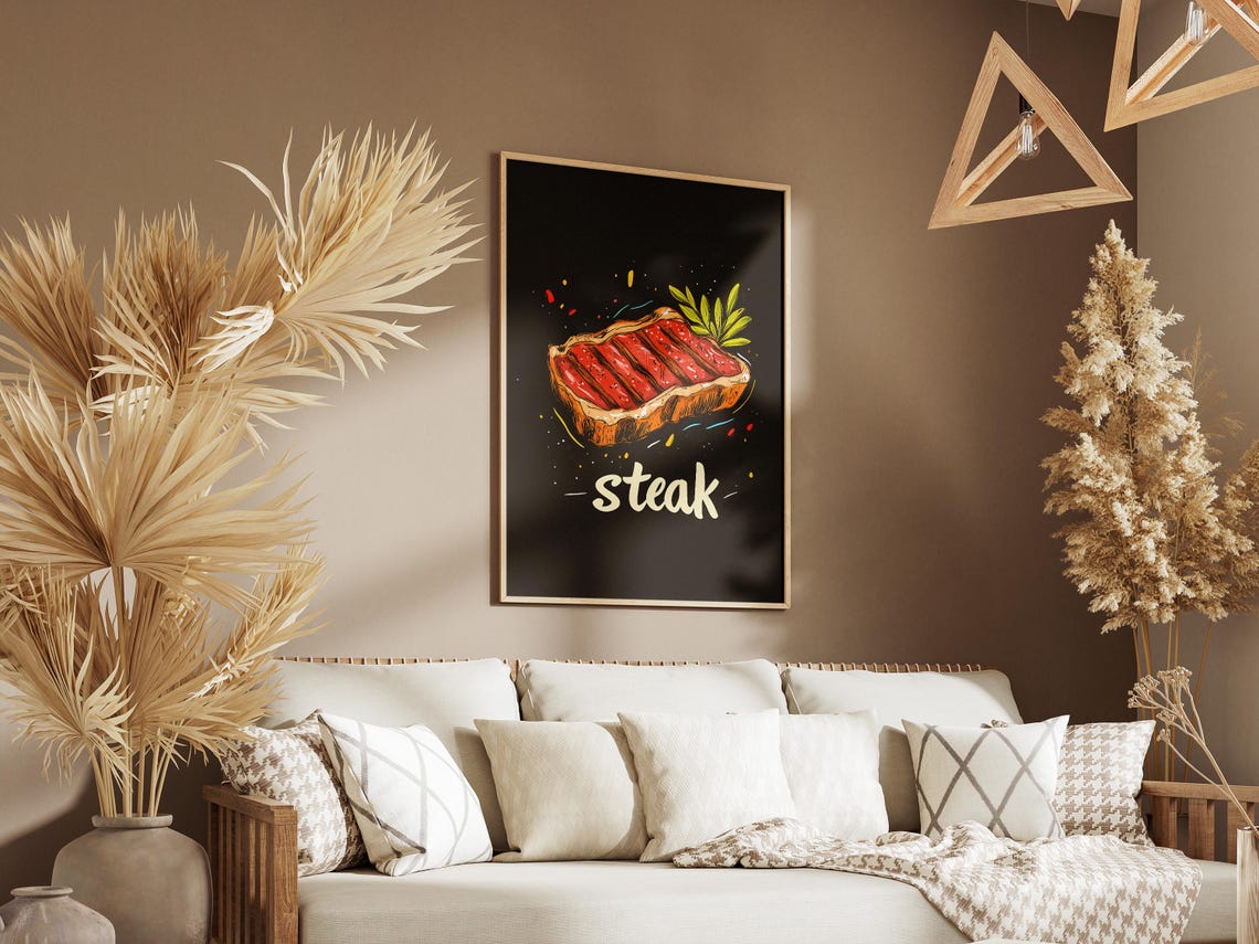 Juicy Grilled Steak Dinner Bold Black Food Illustration Poster - Image 3