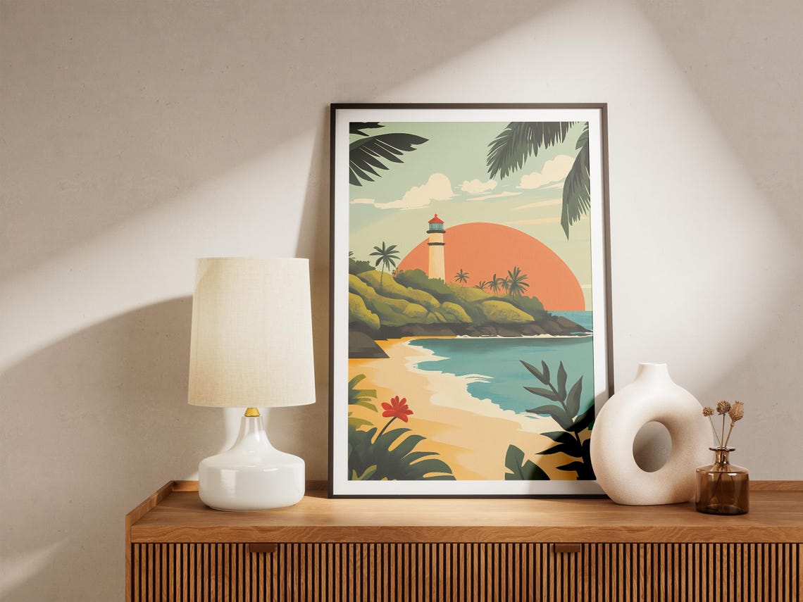 Tonga Island Lighthouse Tropical Sunset Palm Beach Art Poster - Image 5