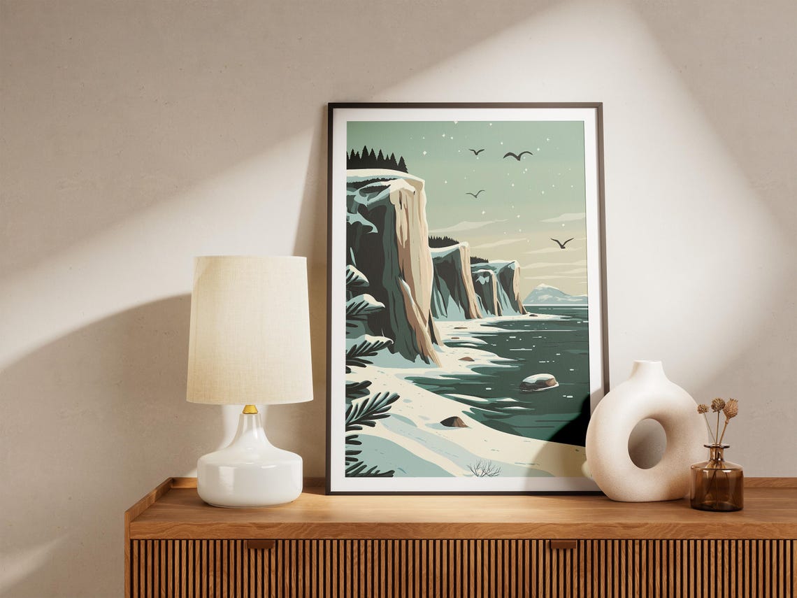 Snowy Coastal Cliffs And Frozen Waterfall Winter Seascape Poster - Image 4