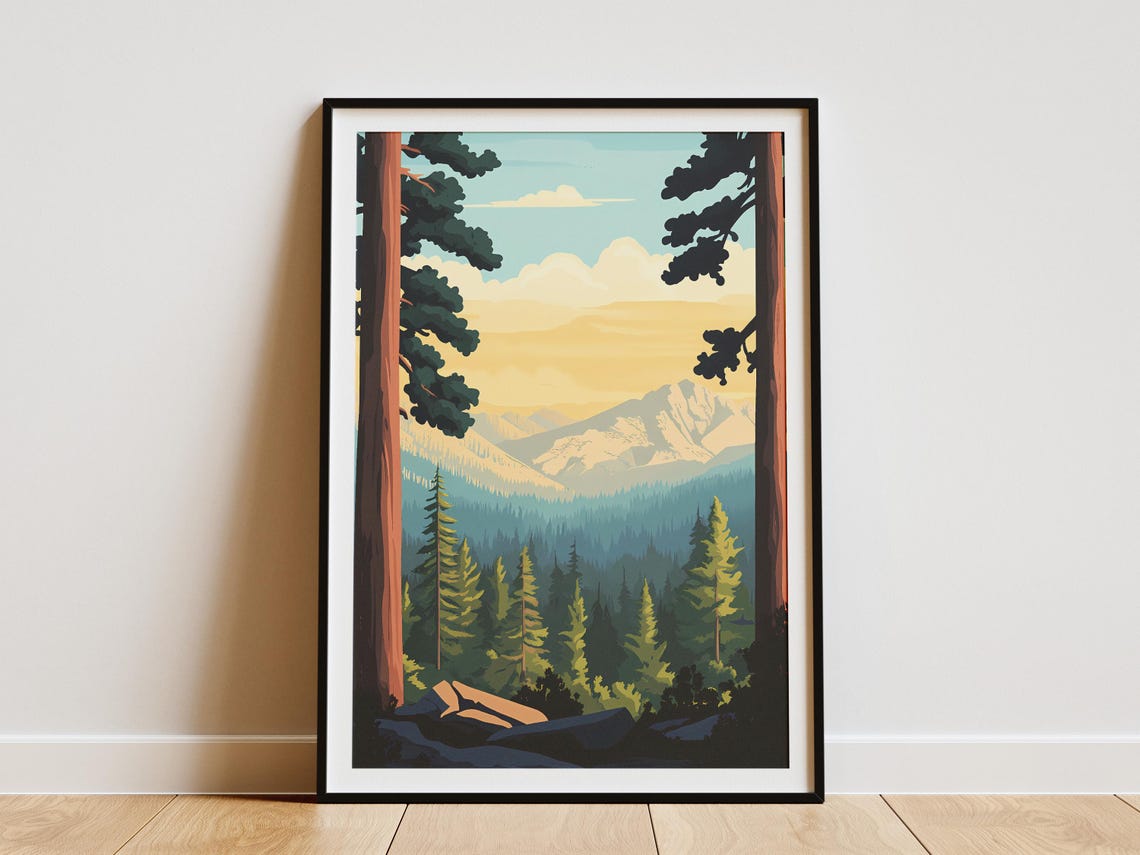 Sequoia Trees Framing a Sunset Mountain Vista Art Poster Scenic