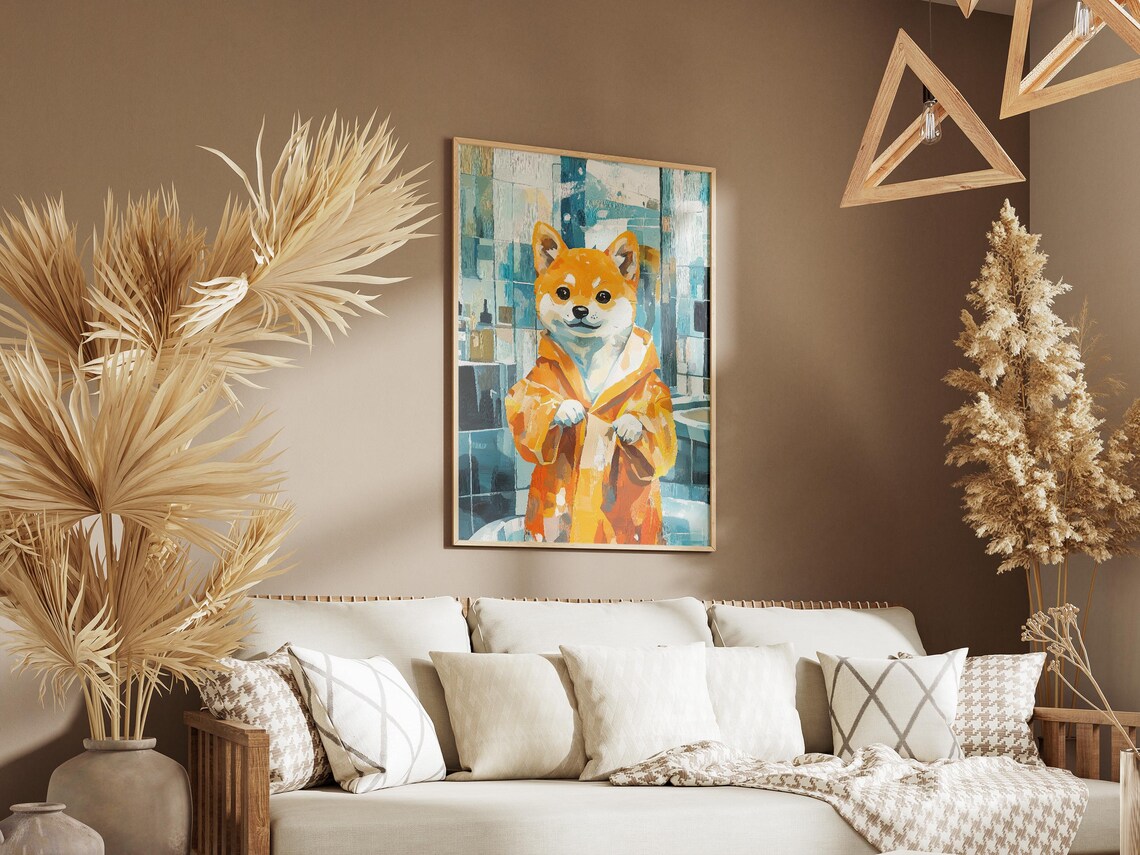 Happy Shiba Inu Puppy in Bright Orange Robe Modern Dog Art Poster - Image 3