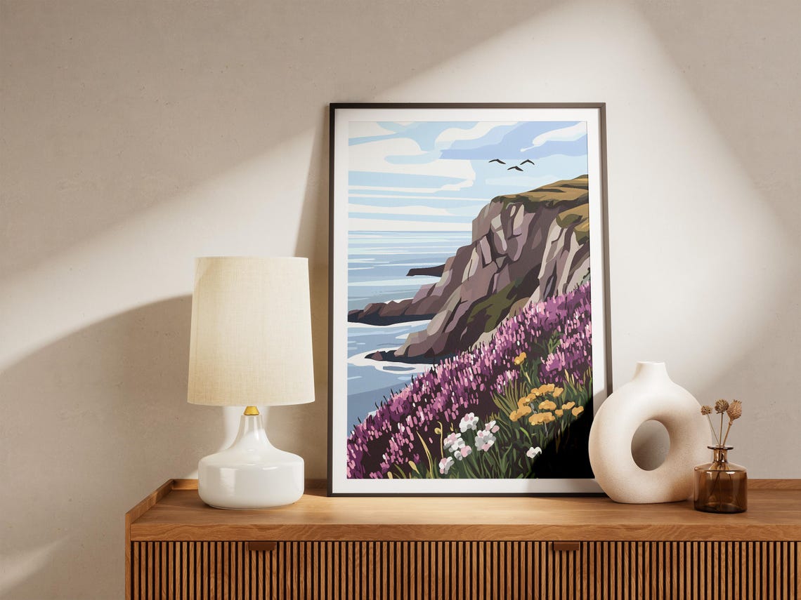Purple Heather Cliff Overlooking the Ocean Coast Travel Art Poster - Image 5