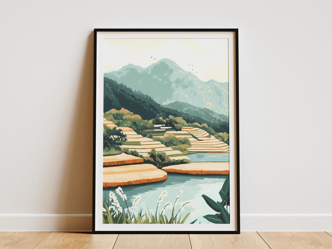 Green Rice Terraces Paddies Misty Mountains Daytime Scenic Poster