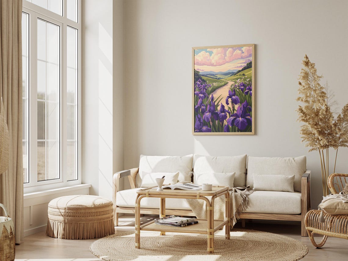 Purple Irises Lining a Country Road Through Green Hills Poster - Image 4