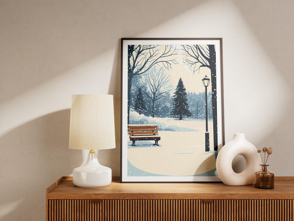 Snowy Park Bench Under a Vintage Lamp Post in Falling Snow Poster - Image 5
