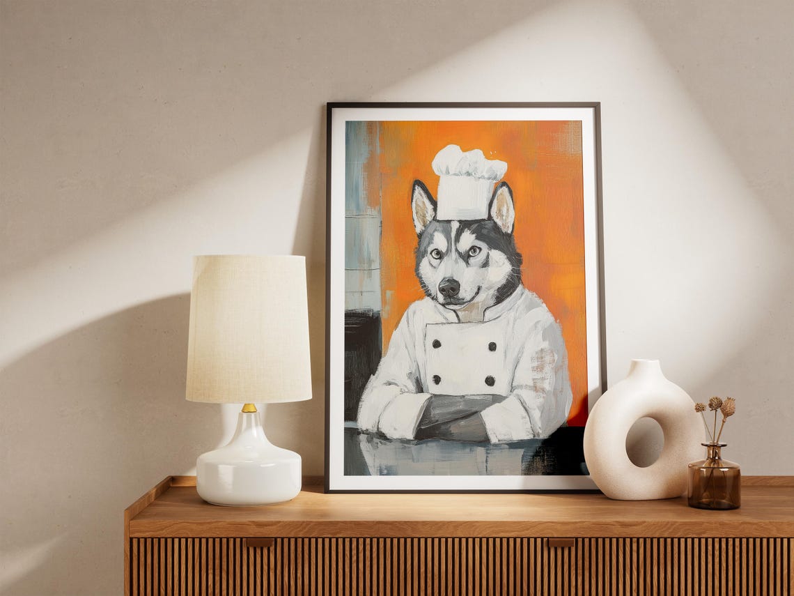 Husky Chef Painterly Dog Portrait Bold Orange Kitchen Poster - Image 4