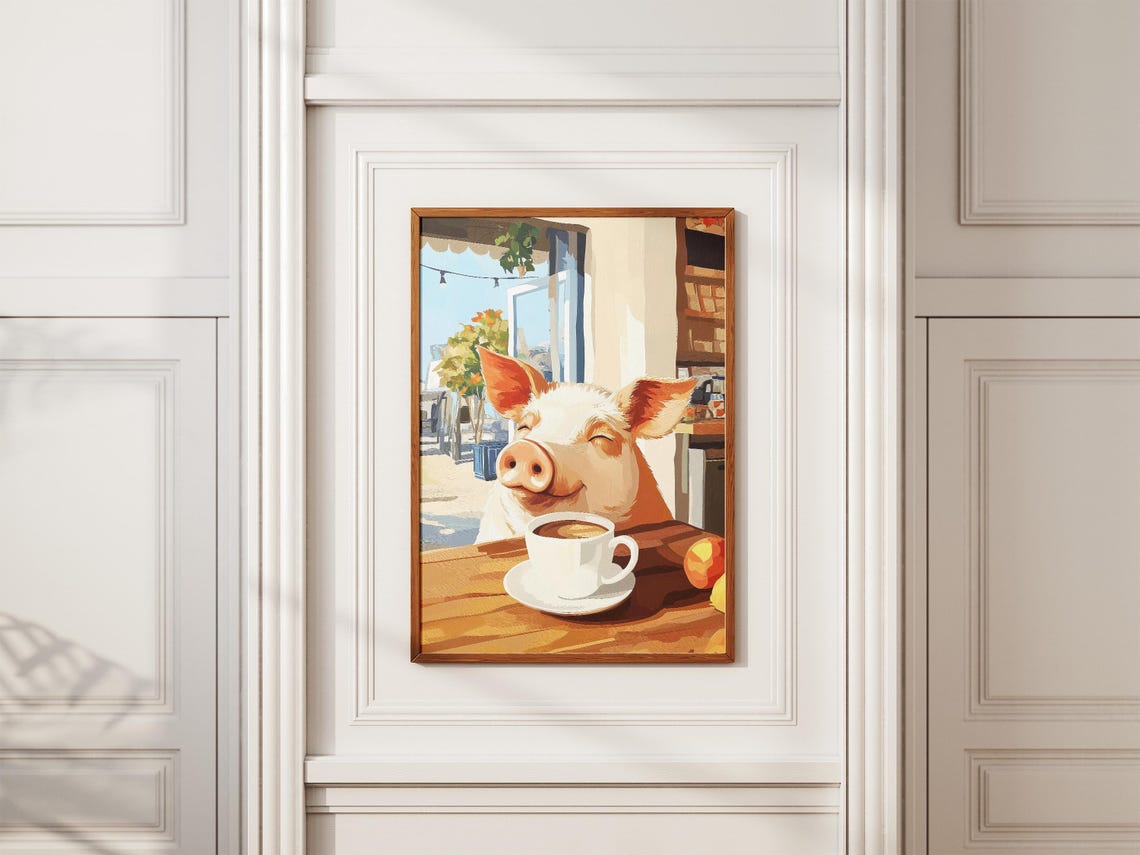 Happy Pig Drinking Coffee Sunny Outdoor Cafe Terrace Art Poster - Image 2
