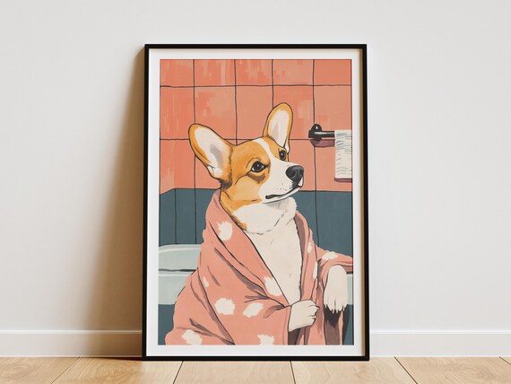 Funny Cute Corgi in Pink Polka Dot Bathrobe After Bath Poster