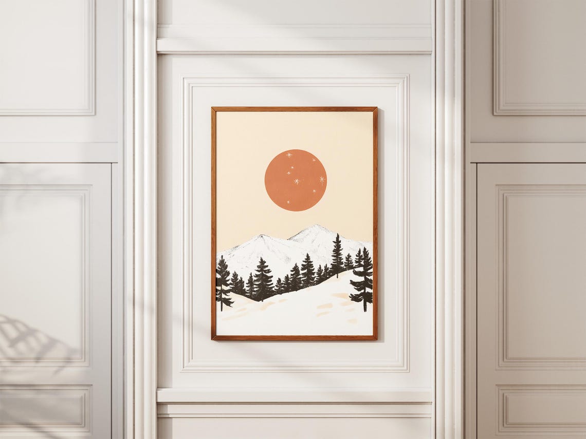 Minimalist Snowy Mountain Peak With Burnt Orange Sun Art Poster - Image 2