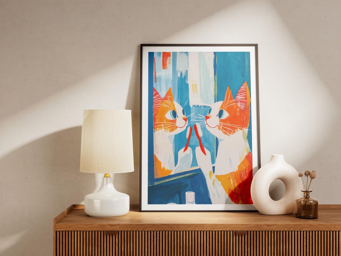Orange Cat Brushing Teeth at Mirror Blue Bathroom Funny Cat Poster - Image 5