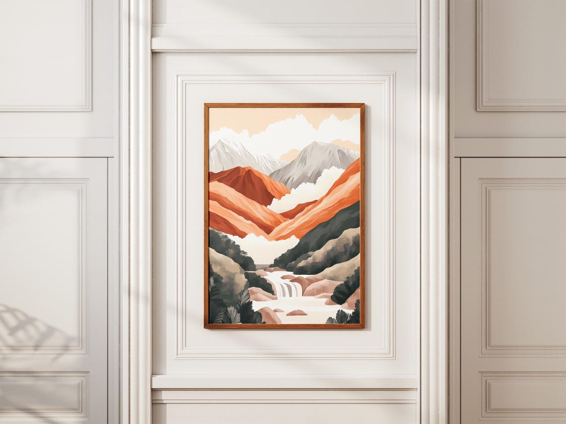 Mountain Range Waterfall Posterabstract Landscape Print Modern Minimalist Wall Artnature Decorhome Decororange And Gray Toneswaterfall - Image 2