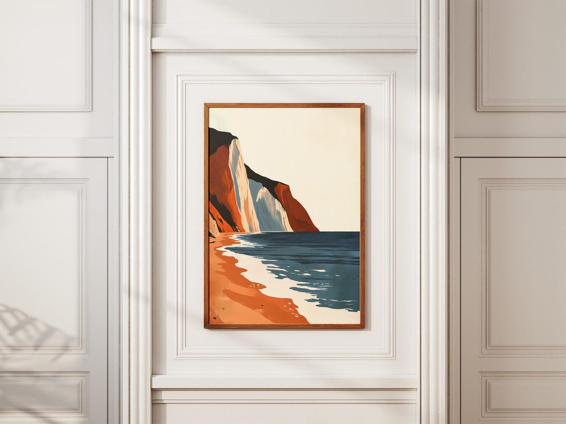 Rust Orange Coastal Cliffs with Sandy Beach and Blue Sea Poster - Image 2